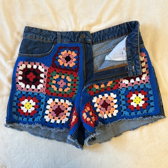 NWOT FARM for Anthropologie Knit Granny Square Denim Shorts - Picture 2 of 4